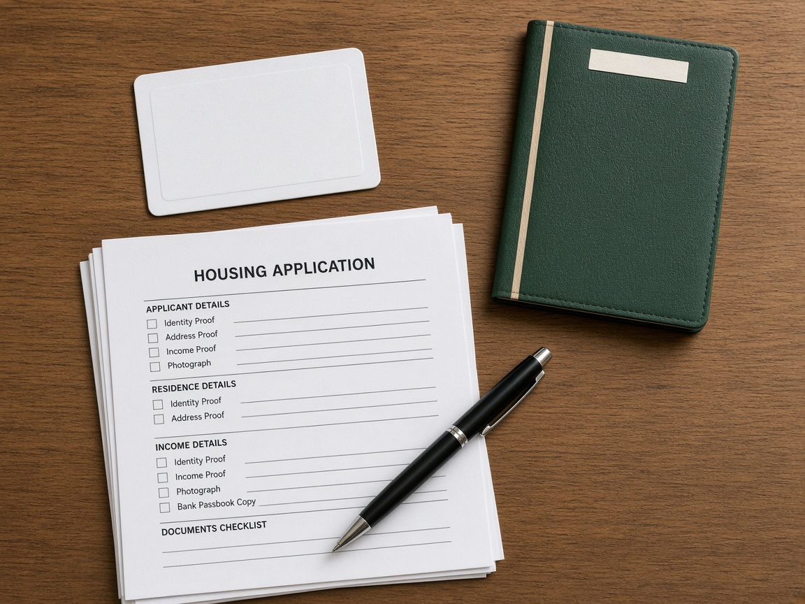 Application documents flatlay for PMAY checklist including ID and bank passbook style papers